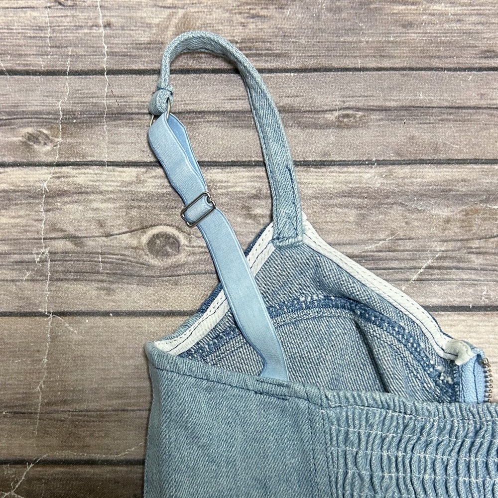 Easy Tiger Denim Flower Power Smiley Face Patches Zip Up Cropped Bustier XS NWT - Picture 4 of 8